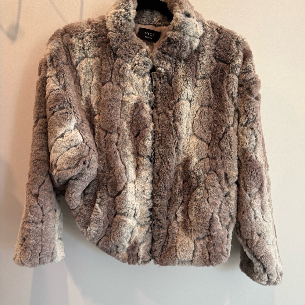 VICI Women's Faux Fur Jacket - Gray and Brown